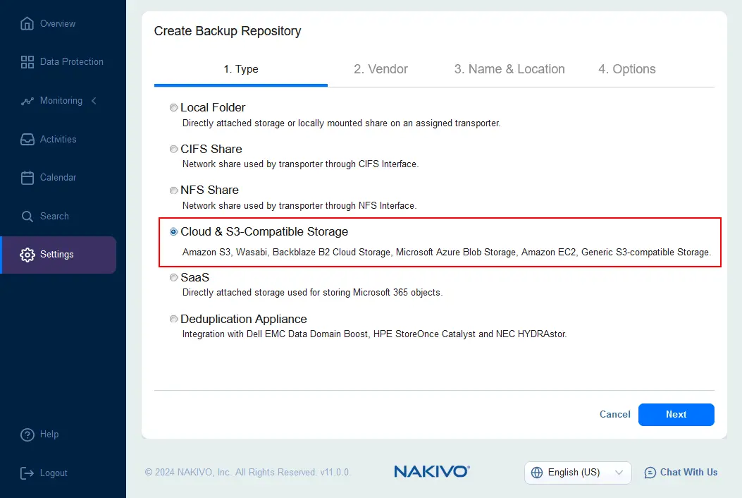 Selecting cloud and S3-compatible storage