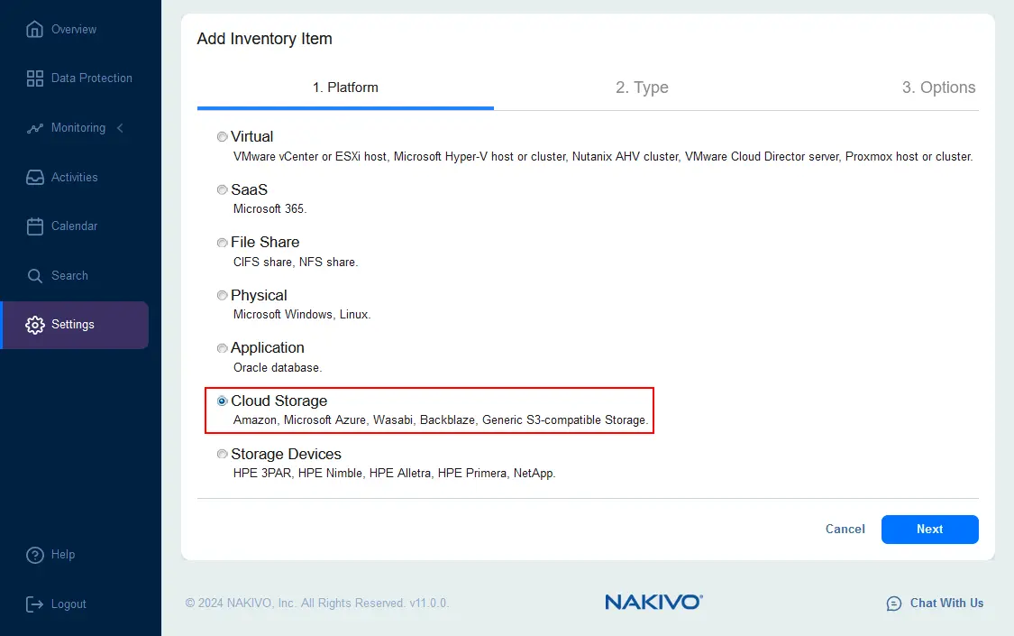 Selecting the S3-compatible cloud storage option