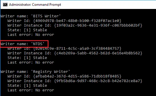 Viewing the VSS writer status on a domain controller