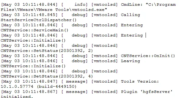 Viewing VSS-related logs in VMware Tools logs